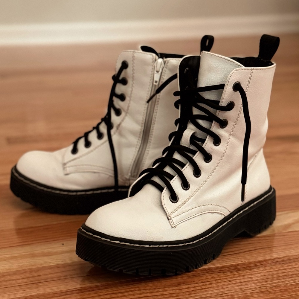 Sincerely Jules Harley Combat Boots in White Vegan Leather